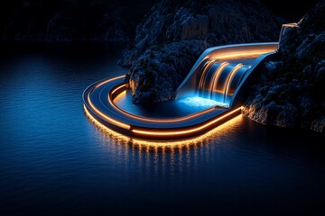 Poster - Hydropower optimization and cutting-edge engineering are featured in a futuristic illustration of a high-tech dam with advanced turbines