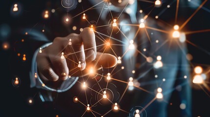 Poster - A man's fingertip interacts with a glowing network of interconnected people icons, symbolizing digital connection and collaboration.