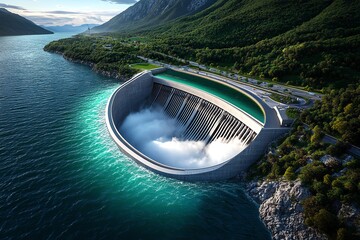 Poster - Hydropower sustainability and renewable energy are showcased in a dynamic illustration of a cutting-edge dam with advanced technology