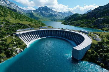 Poster - Hydropower sustainability and renewable energy are showcased in a dynamic illustration of a cutting-edge dam with advanced technology