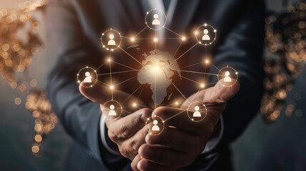 Poster - Businessman holding a glowing digital world map with connected network of people icons in his hands.