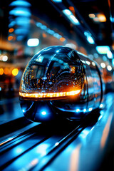 Wall Mural - Futuristic train speeding through a modern urban station, showcasing advanced technology and sleek design under vibrant lights.