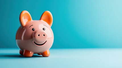 Wall Mural - Smiling pink piggy bank placed on a turquoise background, symbolizing savings, financial planning, and positive money management.