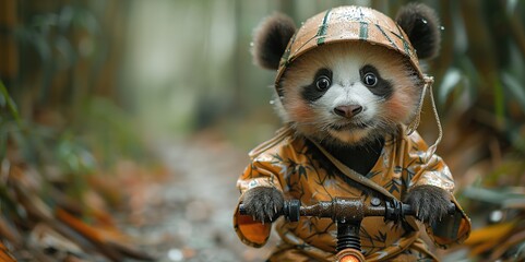 Poster - Adorable Panda Cub Riding a Bike in the Woods