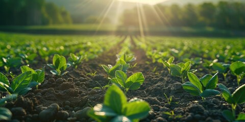 Canvas Print - Neat rows of soy sprouts growing in a field Fresh green soybean plants emerging from the soil Backlit young soy seedling in agricultural setting