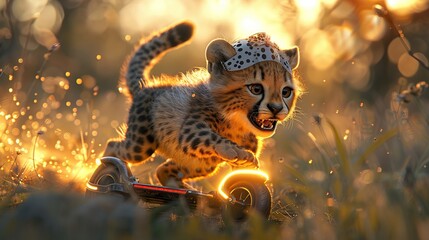 Sticker - Cheetah Cub Riding Scooter in Golden Sunset