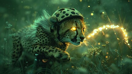 Poster - Cheetah with Helmet in a Magical Forest