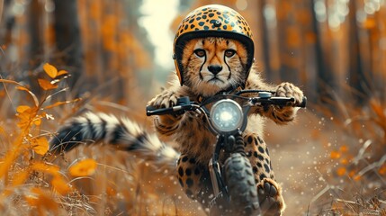 Wall Mural - Cheetah Riding a Motorcycle Through the Forest