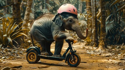 Wall Mural - Baby Elephant Riding a Scooter