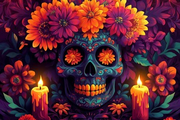 Vibrant Celebration Banner Mexico's Day of the Dead Festivities suitable for business background, posters, wallpapers, banners, greeting cards, and advertising for business entities or brands.