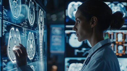Poster - A female doctor examines a brain scan on a screen in a medical setting.