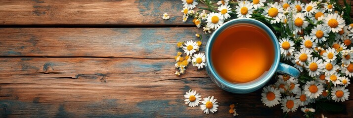 A cup of chamomile tea on a wooden table on a background of greenery, creating an atmosphere of peace