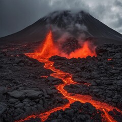 a large volcano that spews streams of magma lava AI generated