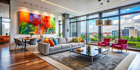 splashes of bold acrylic colors on canvas mingle with sleek modern apartment's minimalist decor and floor-to-ceiling windows in vibrant urban setting