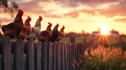 Poster - Chickens on a Fence at Sunrise