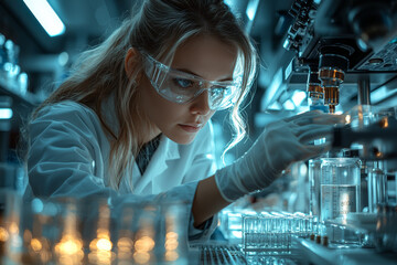 Poster - a successful female scientist conducting an important experiment in a state-of-the-art laboratory, l