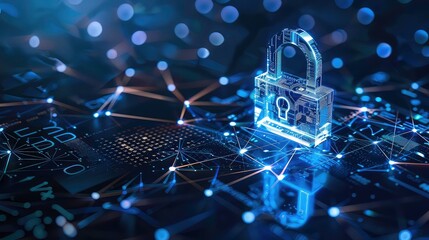 Poster - A glowing digital padlock stands on a network of lines and dots, representing digital security.