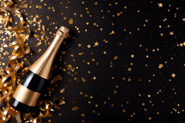 Celebration background with golden champagne bottle, confetti stars and party streamers. 