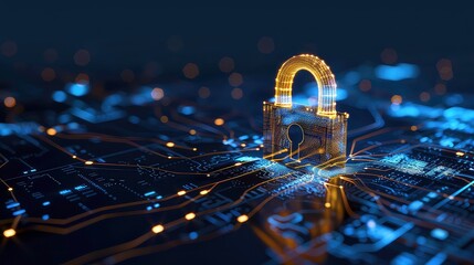 Poster - A glowing digital padlock stands on a network of lines and dots, representing digital security.