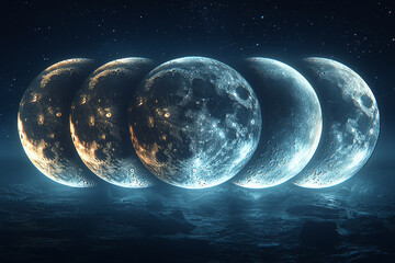 Wall Mural - a sequence of moon phases displayed across the night sky, illustrating the natural cycle of lunar ch