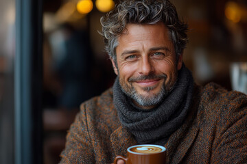 Poster - A man with a content smile, savoring a cup of coffee on a quiet morning. Concept of peace and simple pleasures.