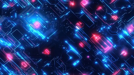 Futuristic neon circuit board pattern with glowing blue and red light effects, perfect for technology-themed backgrounds and designs.