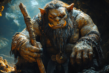 Wall Mural - A fearsome ogre with rugged features and a massive club, guarding a hidden treasure deep within a dark cave. Concept of mythical guardians and adventure.