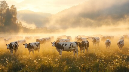 Wall Mural - Cows Grazing in Misty Morning Field