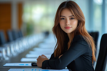 Poster - a businesswoman making strategic decisions at a company boardroom, displaying strong analytical skil