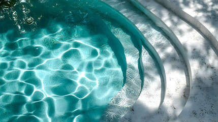 Clear, blue water in a swimming pool with white concrete steps.