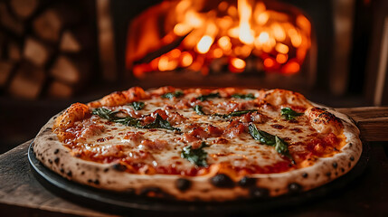 Wall Mural - Close up of a freshly baked pizza with bacon and basil on a wooden table with a wood-fired oven in the background.