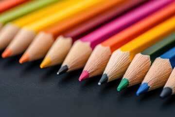 Close-up of vibrant colored pencils arranged in a diagonal line on a dark surface, showcasing their sharp tips and various hues.