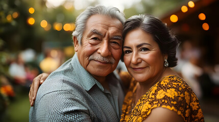 Wall Mural - Close up portrait of an affectionate senior couple smiling at the camera with a blurry background.