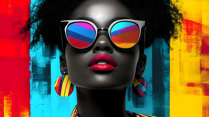 Wall Mural - Close-up of a beautiful woman with afro hair wearing colorful sunglasses and earrings against a colorful background.