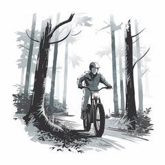 Wall Mural - Biker riding through a foggy forest, Charcoal illustration, contour, isolated in white background