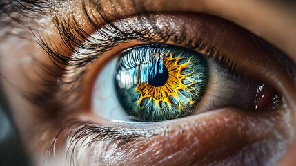 close-up of a blue eye with a yellow ring pattern, showing the iris and pupil with eyelashes and vei