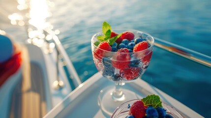 Summer drink with blueberry fruit on yacht deck