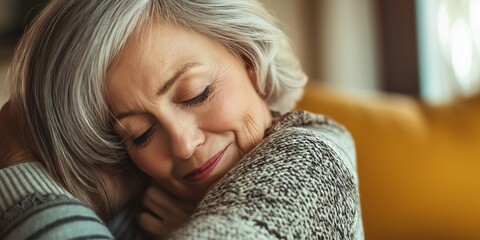 An intimate closeup capturing the warmth and comfort of an elderly woman in a loving embrace, conveying affection and solace.