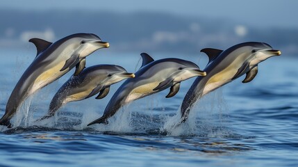 Three dolphins jumping out of the water. Concept of freedom and joy as the dolphins leap through the air