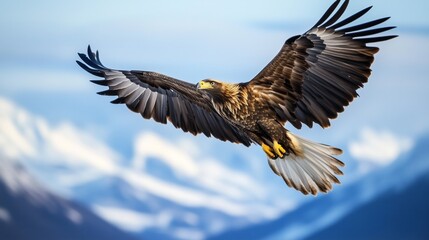 A large eagle is flying through the sky with its wings spread wide. The image has a sense of freedom and majesty, as the eagle soars high above the trees and the ground
