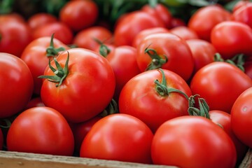 Wall Mural - A close-up image showing a bunch of bright red tomatoes, capturing their freshness and abundance in a grocery setting.