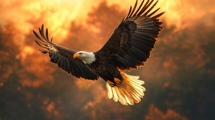 A large eagle is flying through the sky with its wings spread wide. The image has a sense of freedom and majesty, as the eagle soars high above the trees and the ground