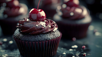 Wall Mural - Close-up of a chocolate cupcake with a red cherry on top and sprinkles.