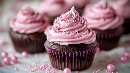 Wall Mural - Closeup of a chocolate cupcake with pink frosting and sprinkles.