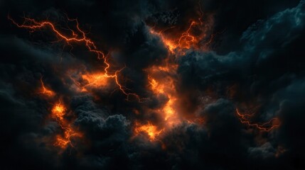 Wall Mural - a dark sky with a storm of lightning and fire. the sky is filled with dark clouds and the lightning 