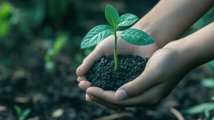 Wall Mural - A person is holding a small plant in their hand. The plant is in a small pot and is surrounded by dirt. The person appears to be nurturing the plant, which suggests that they are taking care of it