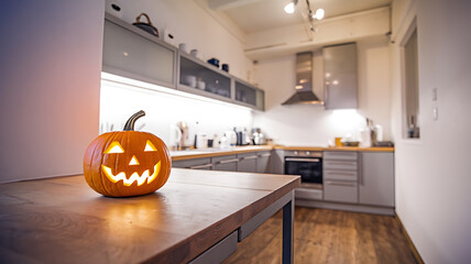 A glowing orange jack-o-lantern sits on a wooden kitchen counter, a spooky Halloween decoration. 
