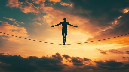 A person is walking on a tightrope in the sky. The sky is cloudy and the sun is setting