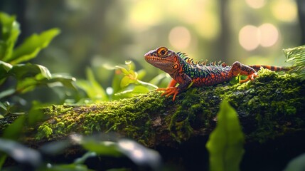 Sticker - Colorful Lizard on Mossy Branch in Tropical Forest