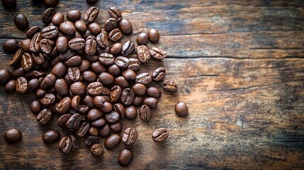 Top view of coffee beans on a vintage wooden table with natural lighting